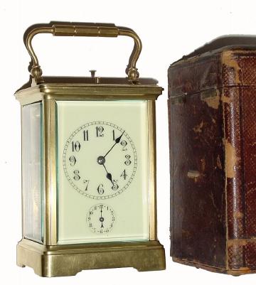 C.1900, Brass Cased Carriage Clock, time, strike, repeat with alarm with travel case, with unusual shield trademark and letters B-D. — Antique Clocks Price Guide