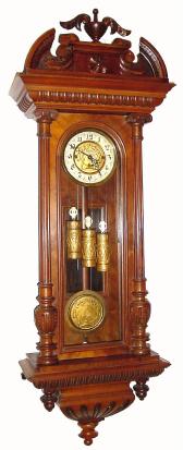 C.1890, German, Gustav Becker, 3-Weight, Grand Sonnerie, rod strike, embossed brass, walnut cased, Alt Deutsch wall clock, with new top. — Antique Clocks Price Guide