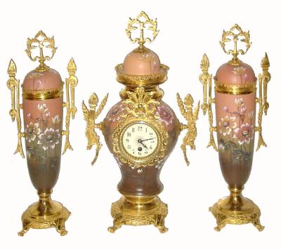 C.1890, French, 3-Pc Porcelain China and ormolu, clock set (time only), hand enameled flowers. — Antique Clocks Price Guide