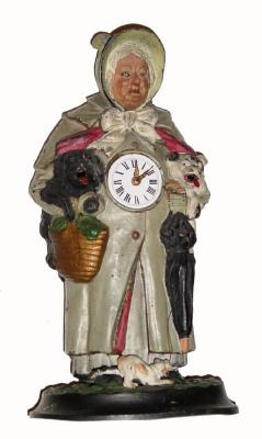 C.1870, Austrian, Meyers, Double Dog animated clock, old lady holding two dogs in her arms, with a THIRD dog barking at her feet. — Antique Clocks Price Guide