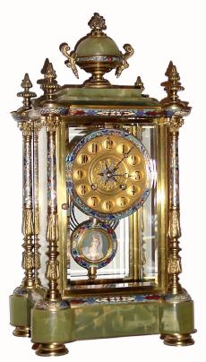 C.1890, French, Enameled Brass and Glass mantel clock with green onyx top and base, and with portrait pendulum (signed). — Antique Clocks Price Guide