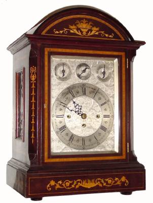 C.1890, English, 3-Fusee, Double Chime, 8-Bell bracket clock, mahogany, with fine inlay and fretted sides, large (see also lot 431). — Antique Clocks Price Guide