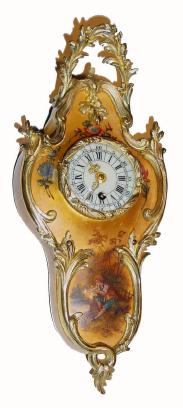C.1880, French, Mini Cartel Clock, in the Louis XVI style, the case finished in Vernis Martin style and with ormolu trim, small cylinder scape movement. — Antique Clocks Price Guide