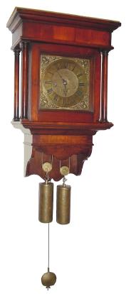 C.1695, English, John Knibb, Oxon, early 9 inch square brass dial movement with latched dial feet, wonderful baluster pillars, rack striking and original pendulum wall clock, case and weights later. — Antique Clocks Price Guide