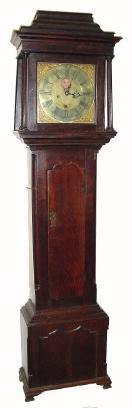 C.1775, English, B. Barlow (ÒBenjaminÓ), Oldham, 8-day, square brass dial, with penny moon, oak cased tall clock with pediment top. — Antique Clocks Price Guide