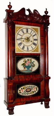C.1850, Forestville Manufacturing Company, 8-day time and strike, 2-wt, mahogany double-decker shelf clock with carved splat. — Antique Clocks Price Guide