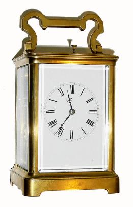C.1900, French, Brass Cased Carriage Clock, Petite Sonnerie with full quarter repeating, standard Corniche case, fancy handle, and with original platform intact. — Antique Clocks Price Guide
