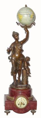 First qtr 20th Century, French, Large Figural with Globe. Clock in red marble base, and the female figure showing child the globe held aloft in her left hand. — Antique Clocks Price Guide