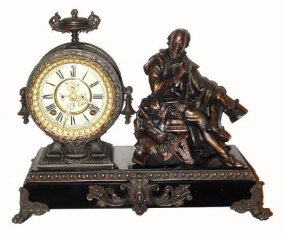 C.1894, Ansonia Clock Co, ÓSHAKESPEAREÒ figural clock, patinated spelter statue and tower, on an iron base, 8-day time and strike. — Antique Clocks Price Guide