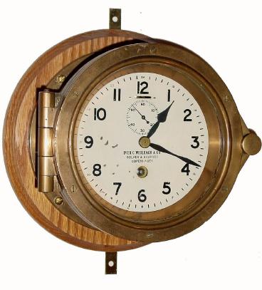 C.1930 Mercer, St. Albans, England, 8-day engine room timepiece, with hinged bezel and compression seal. — Antique Clocks Price Guide
