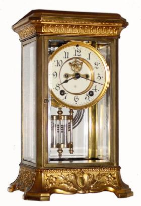 C.1914 Ansonia Clock Co., ÒVulcanÓ, 8-day time/strike crystal regulator, fancy. — Antique Clocks Price Guide