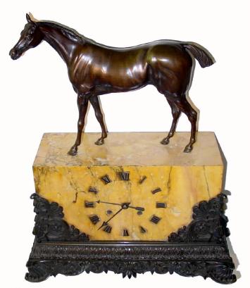 C.1830, French, ÓThoroughbredÒ, large bronze and marble mantel clock, silk thread movement. — Antique Clocks Price Guide