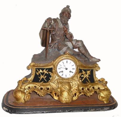 C.1865, French, Patinated Spelter figural clock ÒRESTING KNIGHT, Ó8-day time and bell strike, the knight with his sword and at his feet also a scepter and horn. — Antique Clocks Price Guide