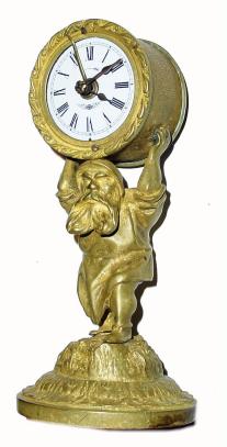 C.1870, German, Gustav Becker, Novelty alarm clock, 30 hour, an old man carrying the clock over his head. The man and base are cast brass; the clock case is of sheet brass. — Antique Clocks Price Guide