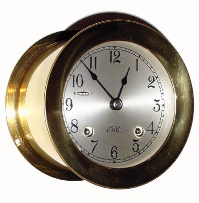 C.1977 Chelsea Clock Co., 8-day Ships Bell clock, 4Ò dial, with screw bezel. — Antique Clocks Price Guide