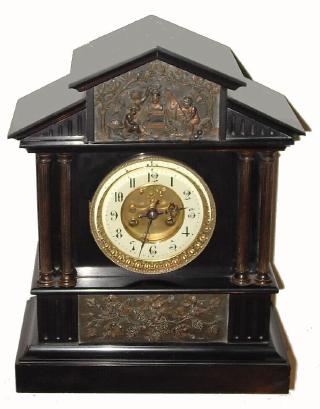 C.1890, French, Bronze and Black marble mantel clock, architectural case, with 8-day open escapement movement, gong strike. — Antique Clocks Price Guide
