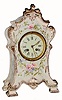C.1895 German, Royal Bonn, 8-day time/strike porcelain mantel clock, for French market. (note dk orange trademark is in inside of base)