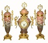 C.1890, French, 3-Pc Porcelain China and ormolu, clock set (time only), hand enameled flowers. 
