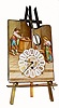C.1900, French, ÓClock on EaselÒ, 8-day pendulette timepiece. The artists palette has the dial for the clock and also depicts a young man and woman in colorful attire. A brush and steady rest protrude from the thumb hole. The easel itself is made of brass. 