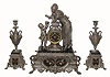 C.1890, French, Spelter and Marble mantel set, Fortuna and child with a basket containing 3 chicks, the sidepieces with matching insets of Belgian slate with gilt incising. Dial with retailer: Daenen Lubrun, Huy. 