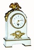 C.1890, French, Small White Marble and ormolu desk clock, with tiny round timepiece movement with platform spanning the plates at top. The fancy porcelain dial with polychrome decorations, and signed by Viennese retailer: Conrad Felsing, Hofuhrmacher.