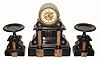 C.1900, French, 3-Piece Mantel set, black marble with contrasting rose colored onyx, with open brocot escapement with ruby red pallets. 