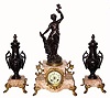 C.1890, French, 3-Piece Mantel Garniture clock set, patinated spelter, titled ÒLes RosesÓ, with 8-day time and strike movement; lady holds a single rose, and with roses on the urns. 