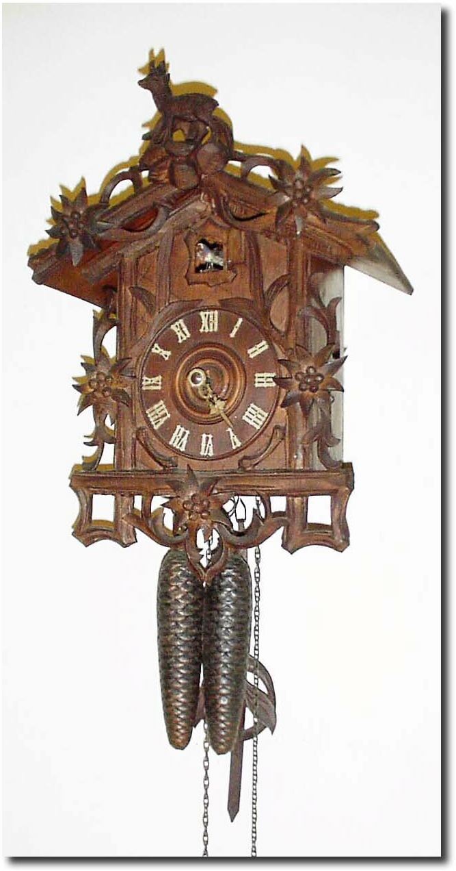 C.1910, German, Black Forest Cuckoo, with unusual Edelweiss and goat motif. — Antique Clocks Price Guide