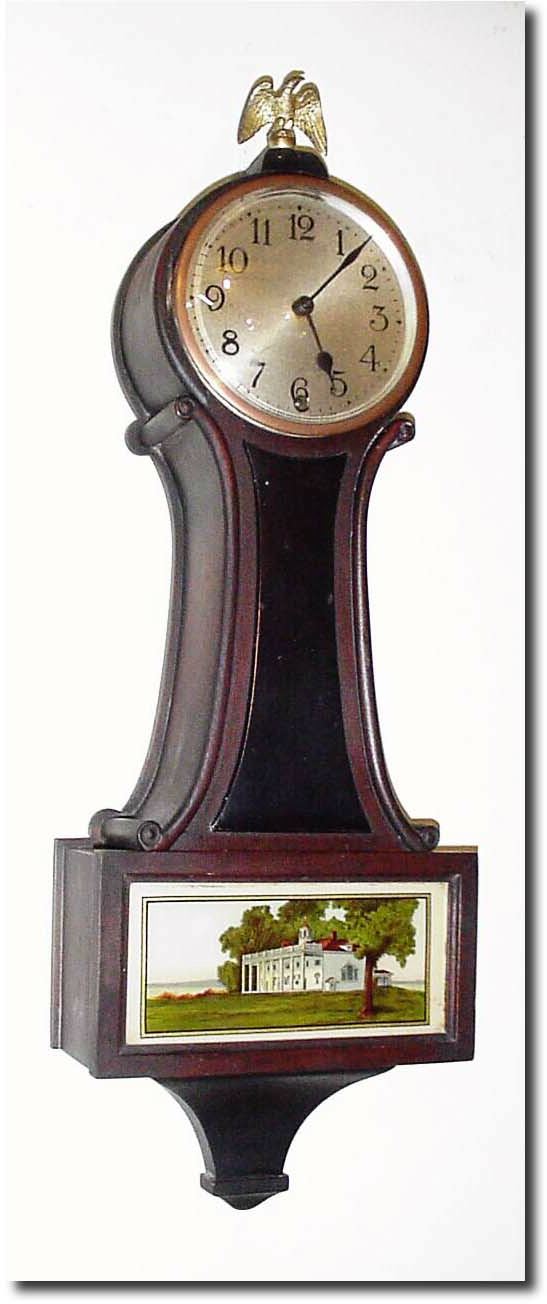 C.1925, New Haven, "Welton' time only banjo with good 8-day pendulum movement, and original stenciled paint tablet of Mr. Vernon. — Antique Clocks Price Guide