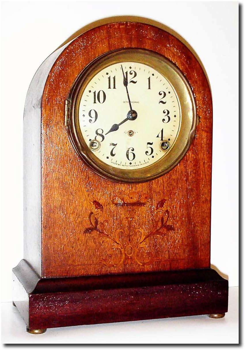 C.1913, Seth Thomas, "Prospect No. 2', mahogany veneer with marquetry inlay. — Antique Clocks Price Guide
