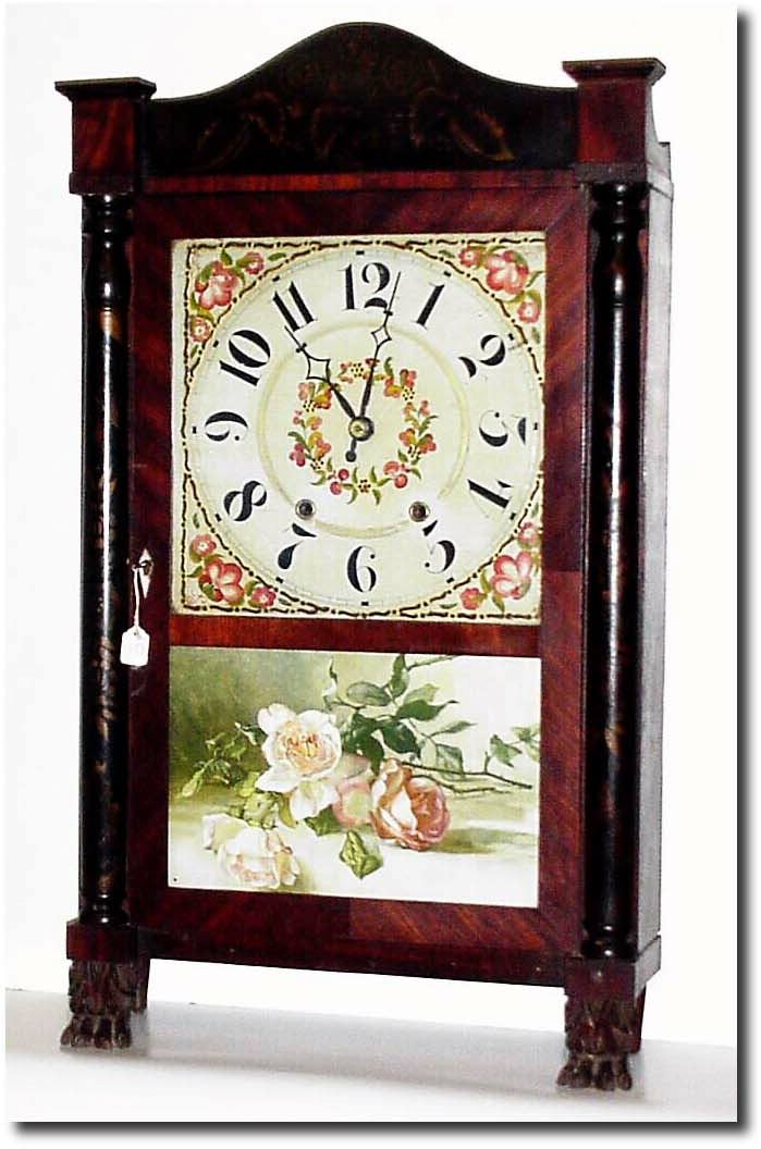 C.1830, Hopkins and Alfred, Harwinton, Conn, short, transitional, stenciled column and splat in relatively good, as-found condition. — Antique Clocks Price Guide