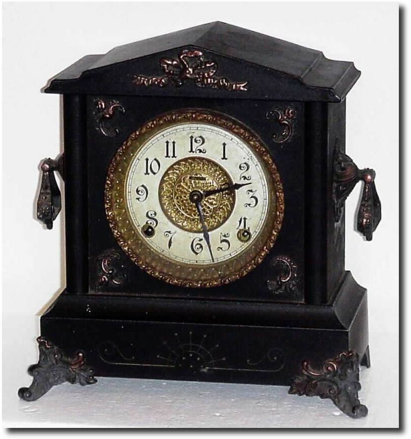 C.1907, E. Ingraham, Black Enameled Wood shelf clock, in complete but dirty condition. — Antique Clocks Price Guide