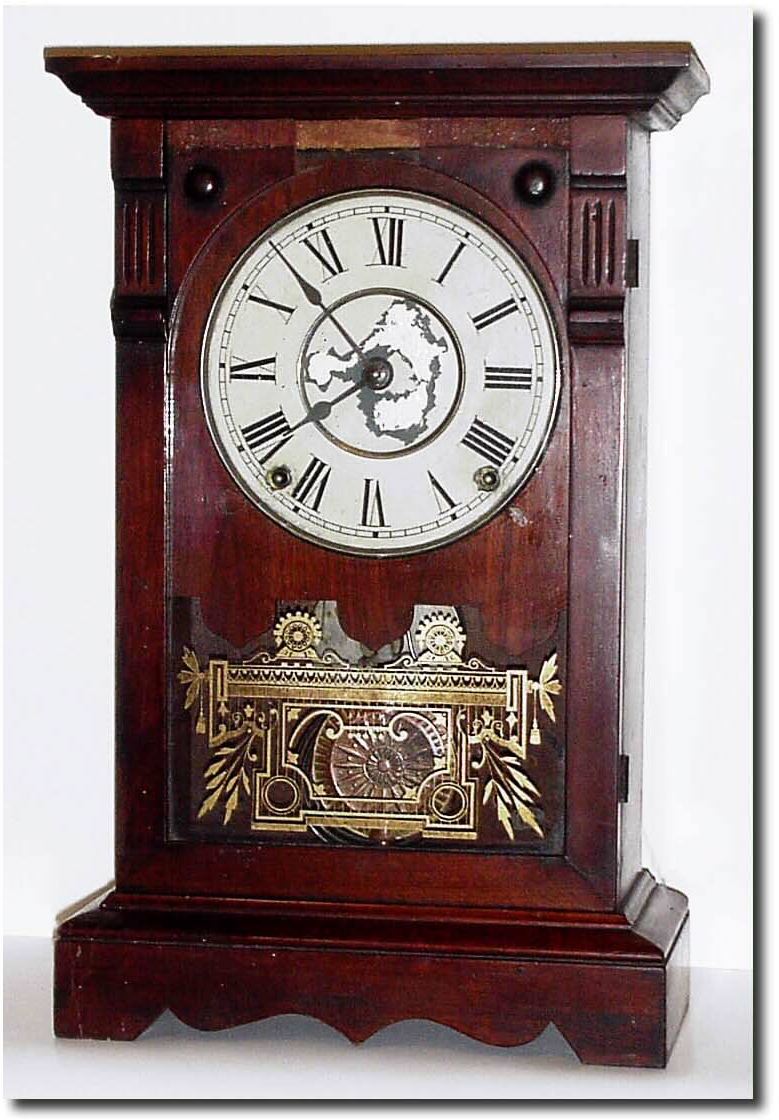 C.1886, Seth Thomas "Athens', as-found, less top trim (simple angle top with button), and less the quarter molding at top of door, minus a piece of veneer; and with the dial center flaking badly. — Antique Clocks Price Guide