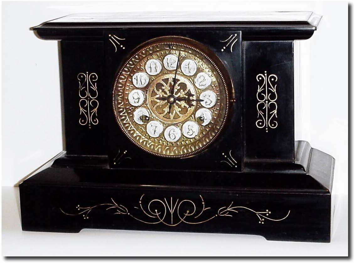 C.1890, New Haven "Fortuna', Black enamel over iron mantel clock. — Antique Clocks Price Guide