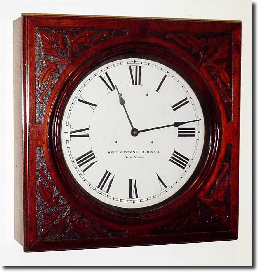 C.1898, Self Winding Clock Co, New York, Model No. 29, Mahogany, carved front. — Antique Clocks Price Guide