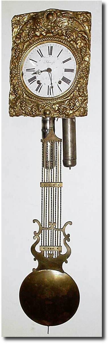 C.1870, French, Morbier 2-weight, as-found. Heavy Morez construction with repeat of strike at 2 minutes after the hour; large meter pendulum with gridiron and lyre. — Antique Clocks Price Guide