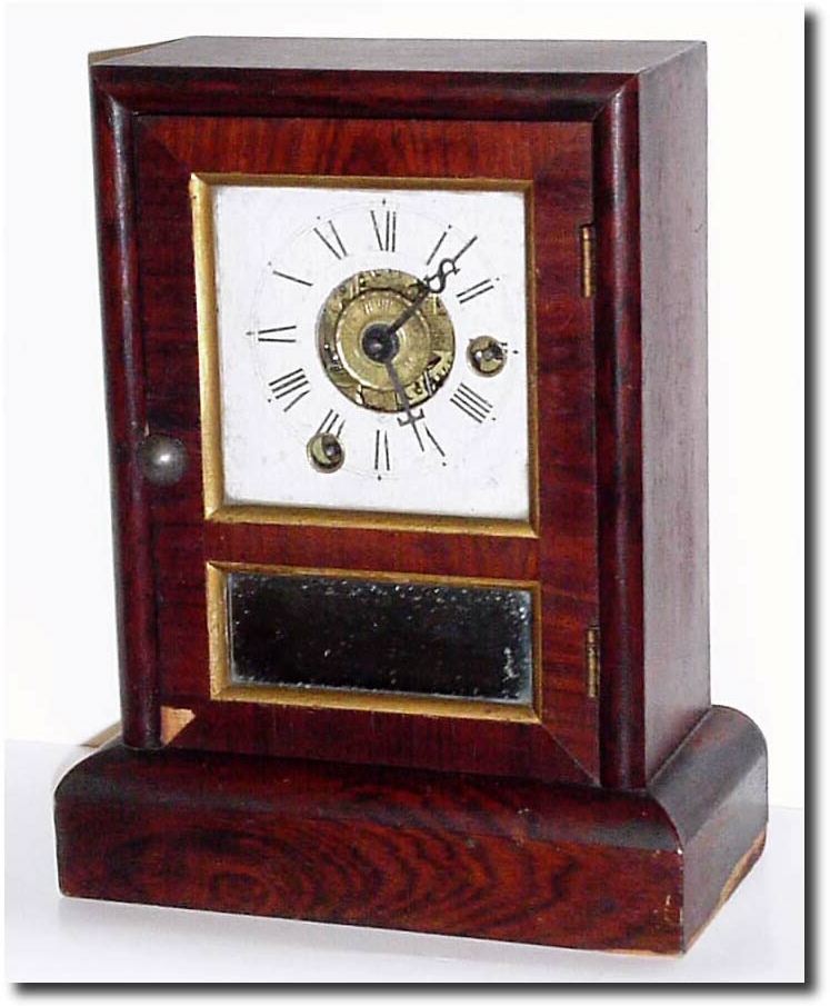 C.1870, Seth Thomas, Mini Cottage, time and alarm in rosewood flat top case, and in good condition. — Antique Clocks Price Guide