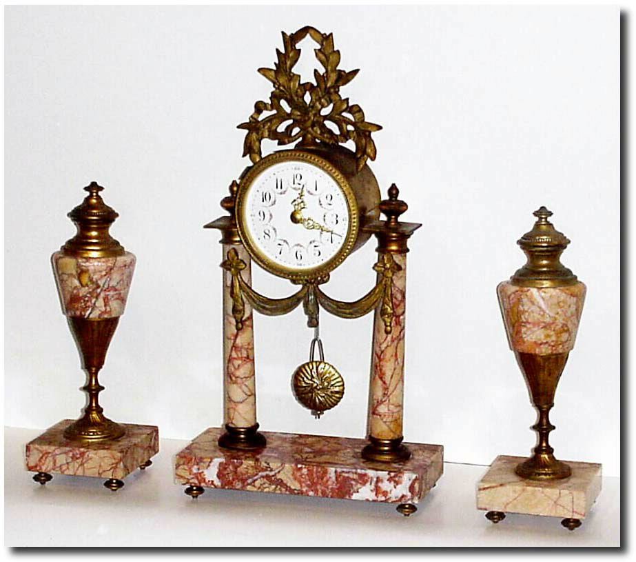C.1900, French, 3-Piece, Marble and Ormolu mantel set, as- found. — Antique Clocks Price Guide