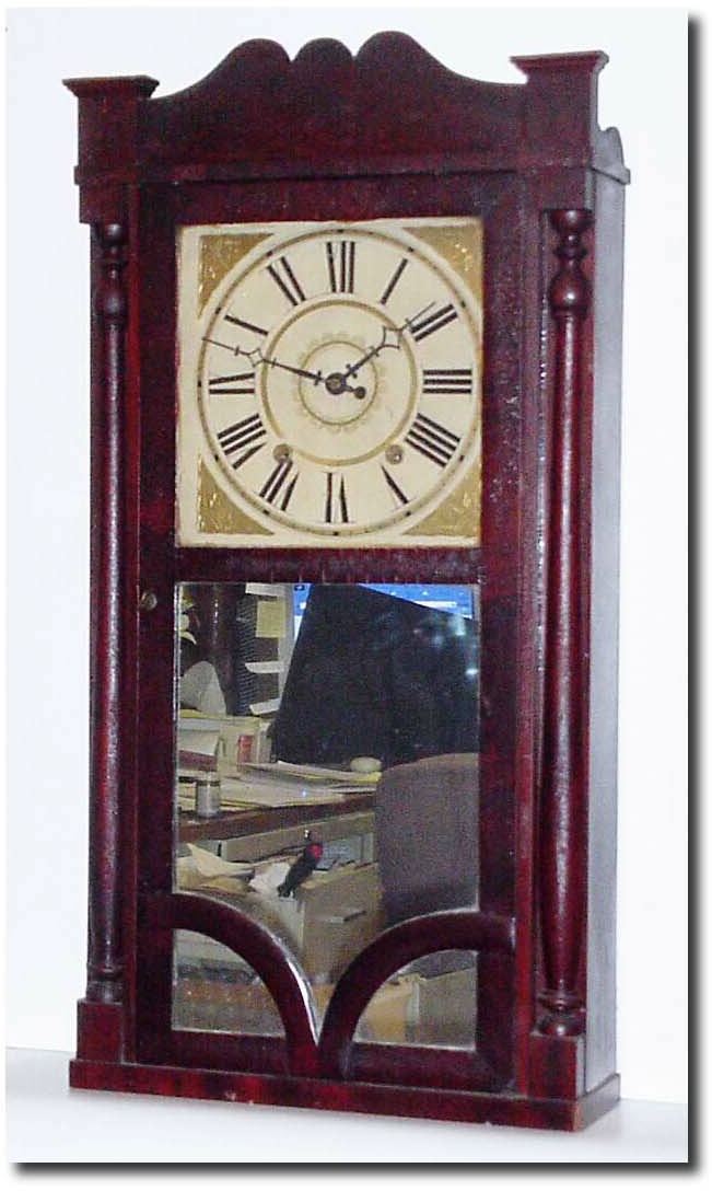 C.1841 (dated label), Daniel Pratt, Jr, Reading, Mass, 30-hour wooden works mahogany column and splat. — Antique Clocks Price Guide
