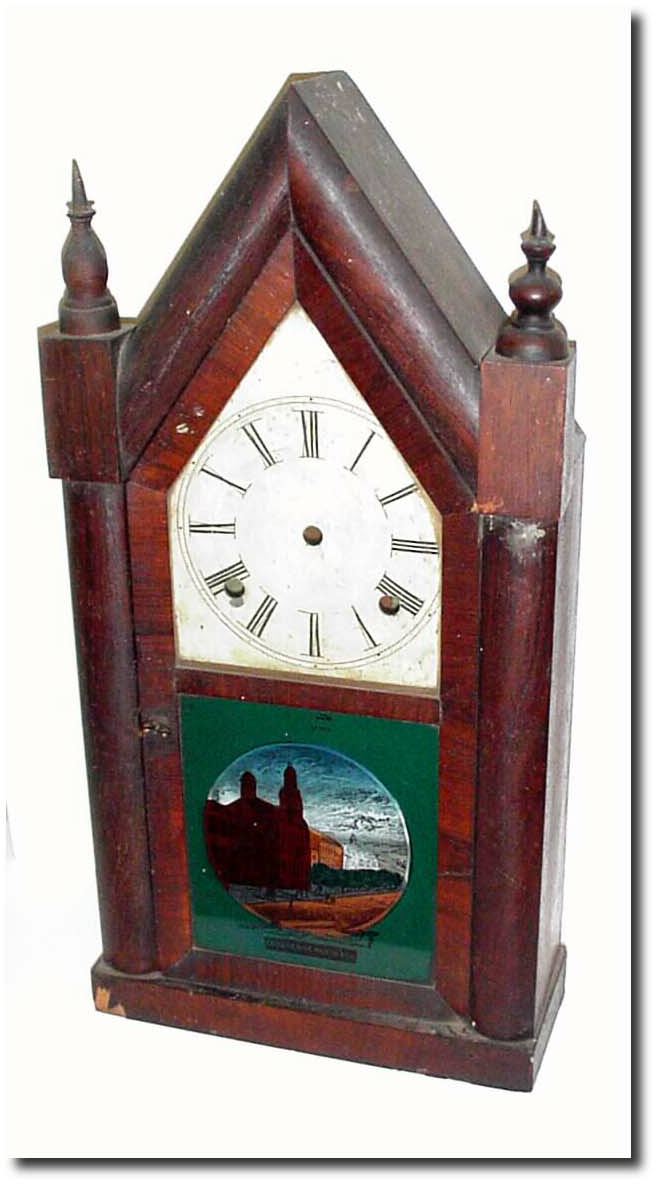 C.1855, Case only, Full Size Steeple, with the full label of Pomeroy and Parker, original dial and a fabulous tablet of Independence Hall in Philadelphia. — Antique Clocks Price Guide