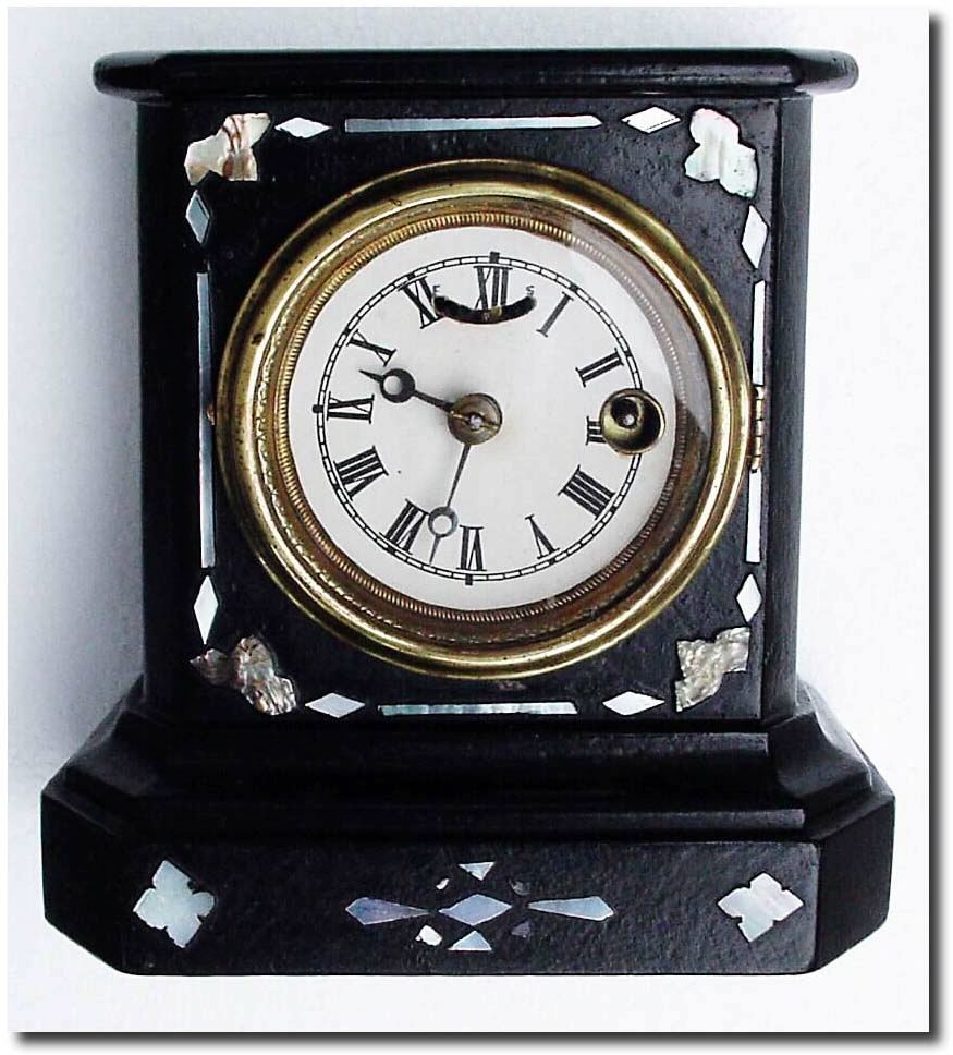 C.1860, L. Hubbell, Bristol, Conn, a mini black enameled iron clock, with mother of pearl, and in excellent restored condition. — Antique Clocks Price Guide