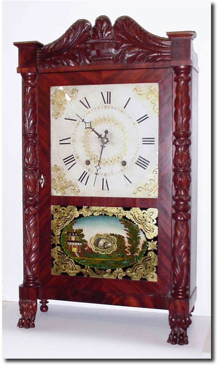 C.1830, Ephraim Downes, Bristol, Conn., a short transitional, carved column and splat in good condition. — Antique Clocks Price Guide