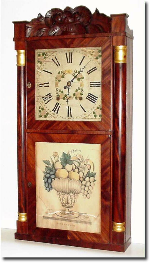 C.1835, Seth Thomas, Plymouth, Connecticut, 8-day wooden works in a mahogany column, carved splat, double door case of large proportions. — Antique Clocks Price Guide