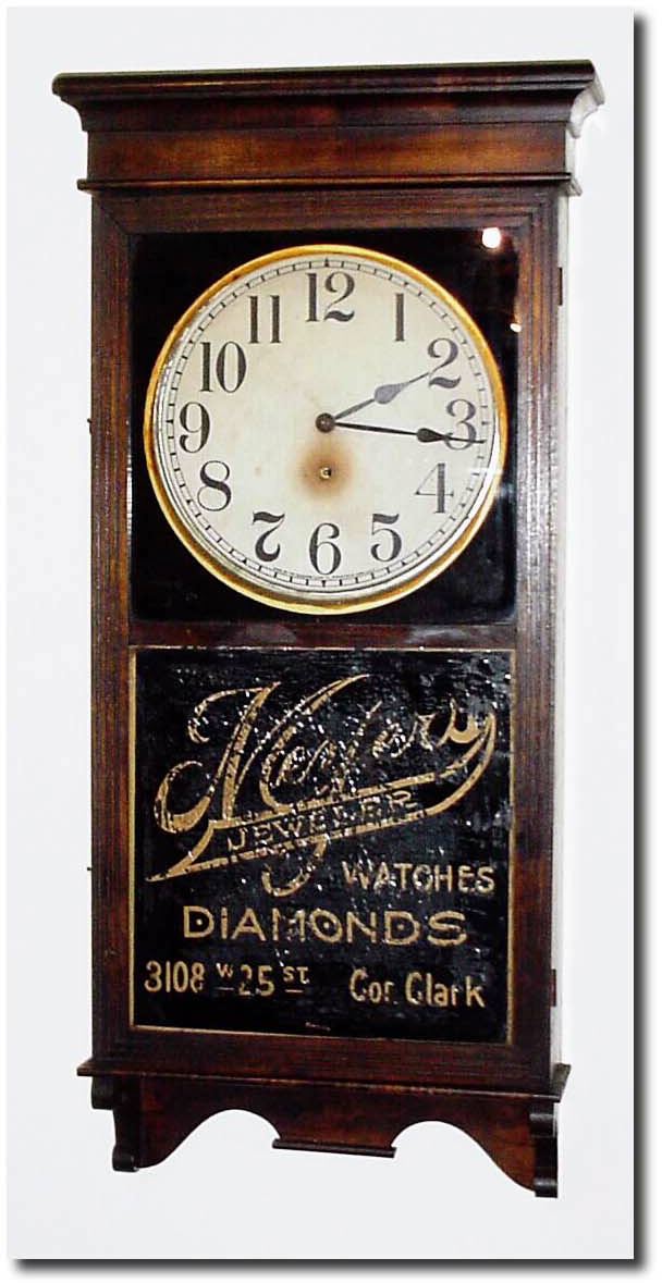 C.1915, Sessions, "REGULATOR No. 4' with advertising for "Meyers Jeweler, Watches - Diamonds, 3108 W. 25th St, Cor. Clark', (artist:Wentling). — Antique Clocks Price Guide
