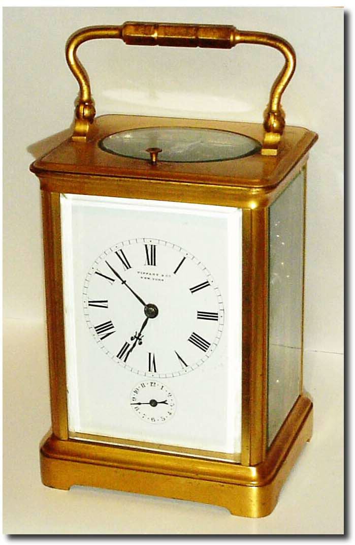 C.1900, French for Tiffany and Co, New York, (original dial signature very good), brass cased carriage clock, time, petite sonnerie, full repeat, and alarm. — Antique Clocks Price Guide