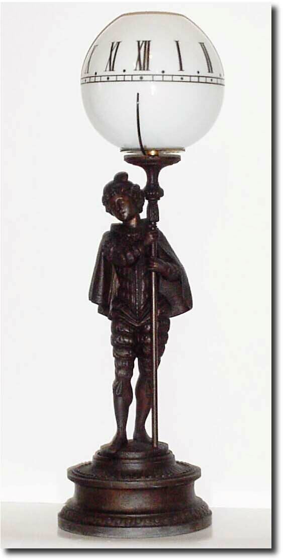 C.1885, French, Figural Night Clock, the 8-day platform movement in the base, driving the globe through the staff in the man"s hands. — Antique Clocks Price Guide