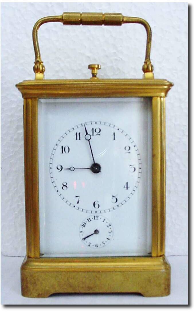 C.1900, French, Chas. Hour, Signed Petit Sonnerie, with alarm, mini carriage clock in very good condition with original platform balance, perfect beveled glass, good porcelain dial and original hands. — Antique Clocks Price Guide