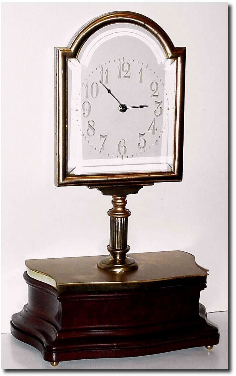 C.1900, French, Mahogany and Gilt Brass Mystery Mantel timepiece. The 5 inch beveled glass dial with smooth bezel , raised on a fluted pillar; the rectangular plated movement with platform lever escapement, and driving the hands without apparent connection. — Antique Clocks Price Guide