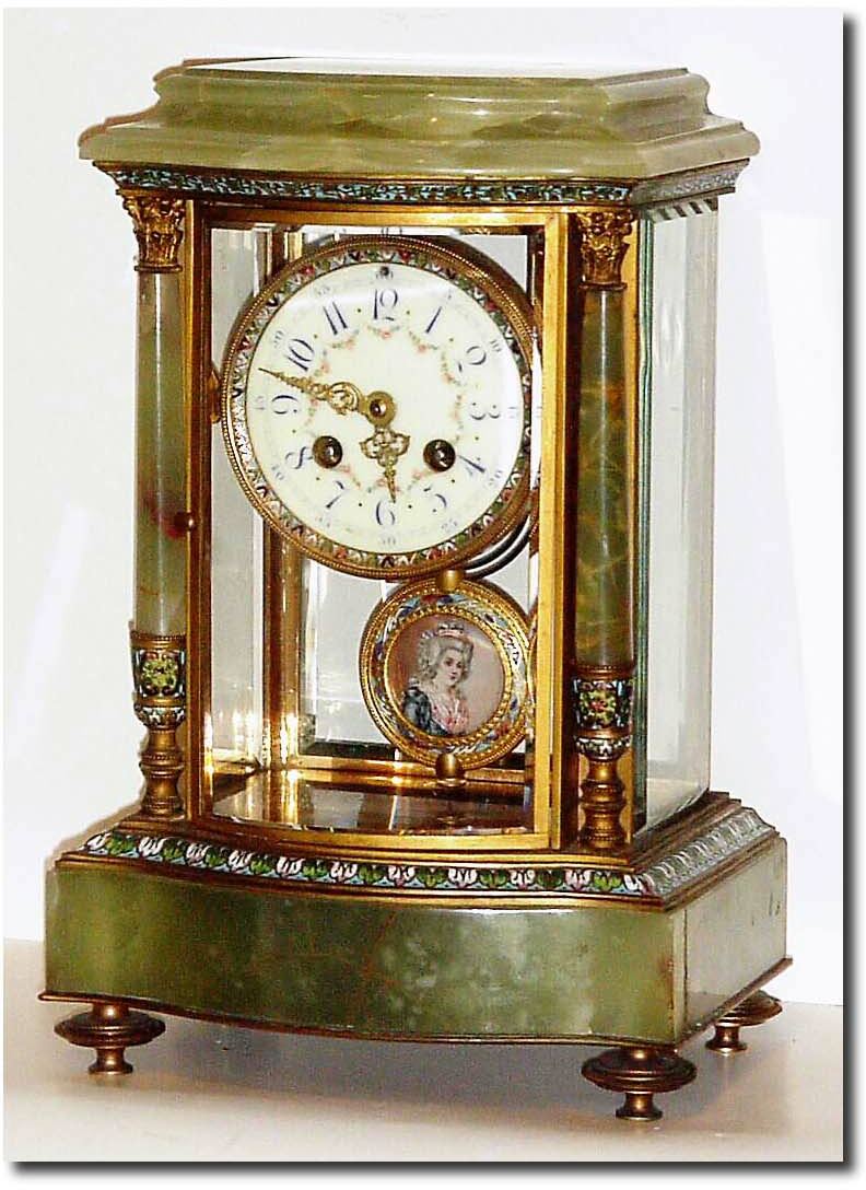 C.1900, French, Japy, Fine Onyx and Ormolu crystal regulator, with bow front and full standing green onyx columns with cloisonne bases. — Antique Clocks Price Guide