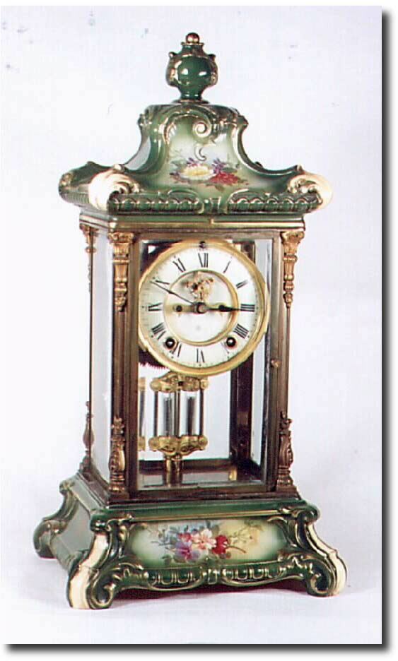 C.1914, Ansonia "Crystal Regulator No.3' in dark green with violet and white flowers. — Antique Clocks Price Guide